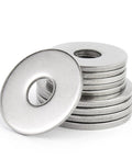 Front view of stainless steel Fender washers, 1/2 in ID, 2 in OD, 0.12 in thick, 10-pack