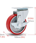 Heavy Duty Polyurethane Swivel Caster Wheels With Brake Universal Replacement Furniture Trolley Rollers 22mm Stem showing red 100mm wheel and metal bracket.