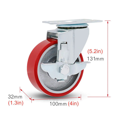 Heavy Duty Polyurethane Swivel Caster Wheels With Brake Universal Replacement Furniture Trolley Rollers 22mm Stem showing red 100mm wheel and metal bracket.