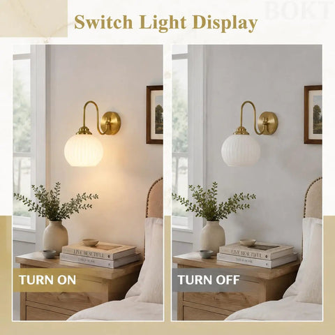 BOKT Ribbed Glass Battery Operated Wall Sconce Set of 2 with 12 RGB Colors displayed on wall, one lit and one off, showcasing design.