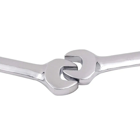 Two wrenches from the 4 Piece 13mm 12Pt Ratchet Wrench Set With 5 Degree Movement And 72 Teeth, shown intertwined