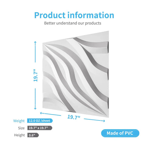 PVC 3D Wall Tile Flowing Wave White Paintable Panel Kit 19.7 By 19.7 Inches Pack Of 12 Covers 32 Sq Ft Waterproof Fire Resistant Easy DIY Install Lightweight Yet Durable Home Reno Accent product dimensions and material information
