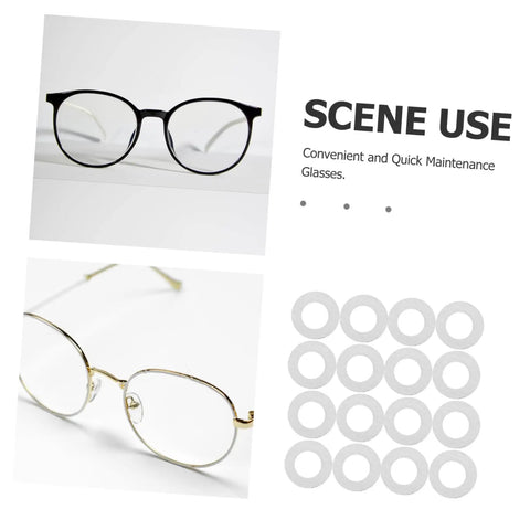 Metal Eyeglass Frame Washers 200 Pcs Set for Rimless Glasses shown with black and gold frames for quick fix repair.