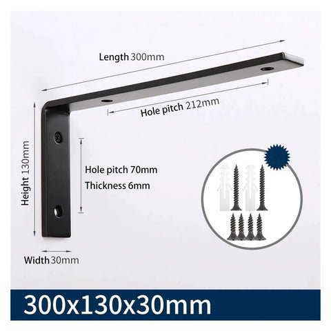 Heavy Duty Stainless Steel L Brackets Two Pack Matte Black Shelf Supports Built Tough Sixty Kilogram Capacity Rock Solid Corner Braces, 300x130x30mm.