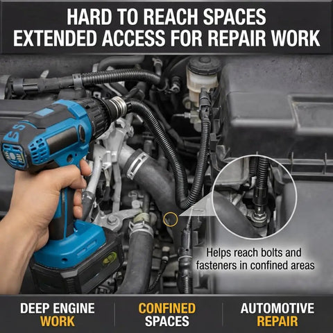 Flexible One Half Inch Drive Socket Extension Bar With 90 Degree Offset Wrench Head accessing tight engine space