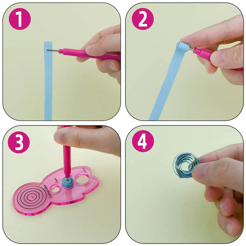 Step-by-step use of 12 Piece Slotted Quilling Tool Set for Paper Crafting with pink tool and paper strip