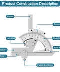 Heavy-Duty Vernier Bevel Protractor Made From Tough Carbon Steel Frame with labeled components for measuring angles accurately.