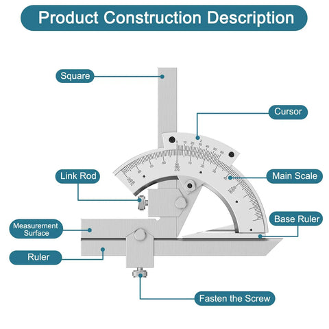 Heavy-Duty Vernier Bevel Protractor Made From Tough Carbon Steel Frame with labeled components for measuring angles accurately.