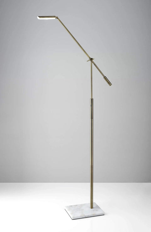Vera LED Floor Lamp With Adjustable Height 46.5 To 61 Inches, Antique Brass Finish and White Marble Base
