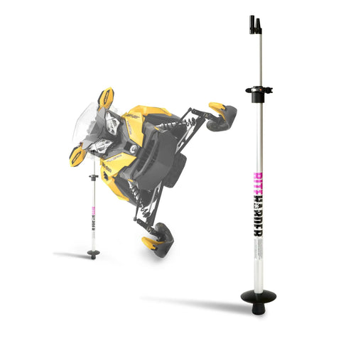 Snowmobile Side Support Pole For Safe Track Service And Suspension Maintenance shown supporting a yellow snowmobile