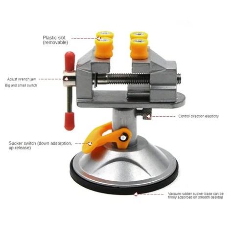 Mini Sucker Vise Two Pack For Drill Press And Workbench with labels showing controls and adjustments