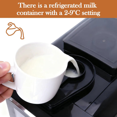 Top Shelf Fully Automatic Espresso Coffee Machine With Built In Milk Cooler And Precision Burr Grinder Featuring A Crisp Touchscreen showing a refrigerated milk container with milk being poured.