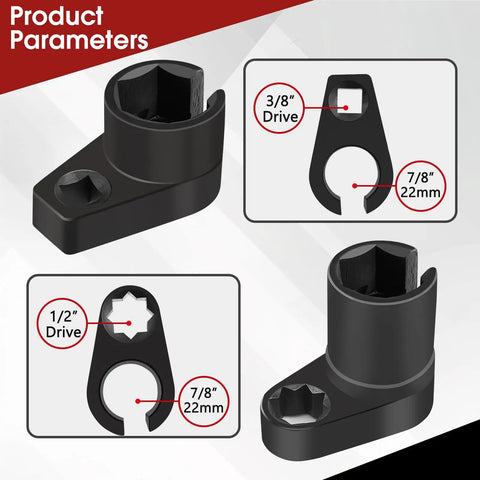 5-Piece Oxygen Sensor Socket Set with 7/8 Inch 22mm O2 socket showing 3/8 and 1/2 inch drive specifications.