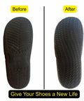 Before and after comparison of Rubber Shoe Soles For Repairs Anti Slip Boot Replacement 4mm Thick Cut To Size 1 Pair Kickass Wear