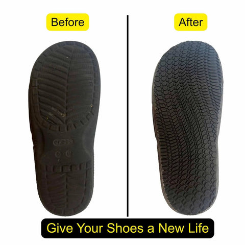 Before and after comparison of Rubber Shoe Soles For Repairs Anti Slip Boot Replacement 4mm Thick Cut To Size 1 Pair Kickass Wear