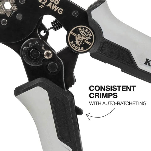 Pro Grade Ferrule Crimping Tool With Six Precision Dies For 10 To 22 AWG Wire Terminals showing close-up of adjustable ratchet.