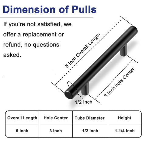 Dimension chart of Matte Black 3 Inch Center To Center Cabinet Pulls Set Of 30 Stainless Steel Kitchen Handles