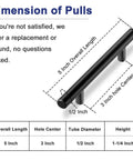Dimensions chart of 60 Pack 3 Inch Center To Center Matte Black Cabinet Pulls, showing overall length, hole center, diameter, and height.