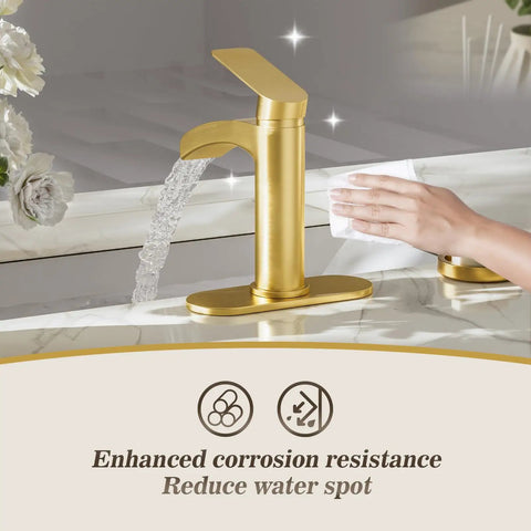 Single Handle Waterfall Bathroom Faucet in Brushed Gold with 6 Inch Deck Plate in use, highlighting corrosion resistance feature.