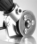 Sheet Metal Cutting Nibbler Attachment For Drills in use with 3/8 or 1/2 inch drill, showing close-up of cutting head on metal sheet