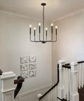 Premium Black Six Light Chandelier Rust Resistant Metal Candle Pendant Fixture For Dining Room Kitchen Modern Farmhouse Ceiling Lamp above staircase.