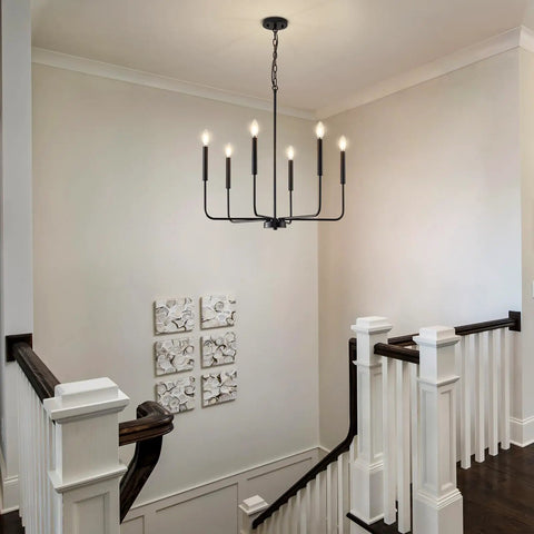 Premium Black Six Light Chandelier Rust Resistant Metal Candle Pendant Fixture For Dining Room Kitchen Modern Farmhouse Ceiling Lamp above staircase.
