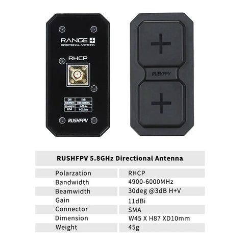 5.8GHz RHCP Dual Patch Antenna For FPV Goggles With 11dBi Gain SMA Connector, product specs and design shown.