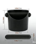Espresso Knock Box With Cleaning Cloth And Brush, Pro Grade Quiet Durable Barista Waste Bin, Black ABS with measurements shown