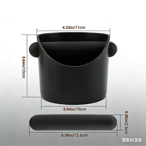 Espresso Knock Box With Cleaning Cloth And Brush, Pro Grade Quiet Durable Barista Waste Bin, Black ABS with measurements shown