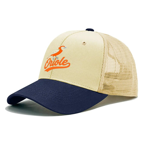Lightweight Athletic Trucker Hat For Women And Men Breathable Cool Cap featuring beige mesh and blue brim with "Oriole" logo.