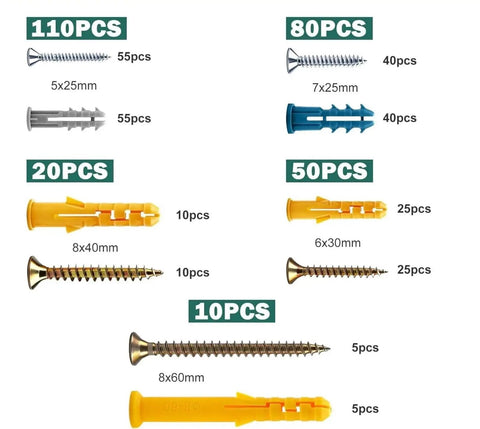 Drywall Anchor And Screw Kit Featuring 270 Anchors And 135 Screws Durable Carbon Steel Construction variety sizes shown