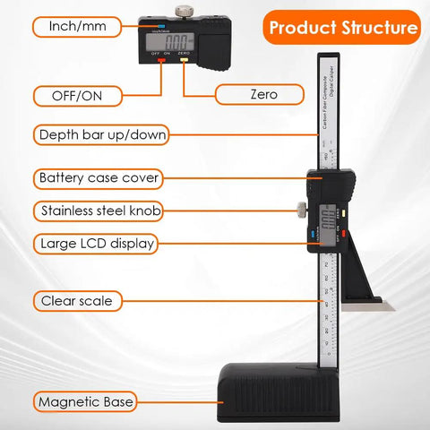 Digital Height Gauge 0 To 150mm With Magnetic Base, Easy Reading LCD In Inches Or Metric, product structure diagram.