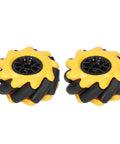 Yellow and black 60mm Mecanum robot wheels for omni-directional movement in DIY smart robot cars, enabling smooth translation and drifting.