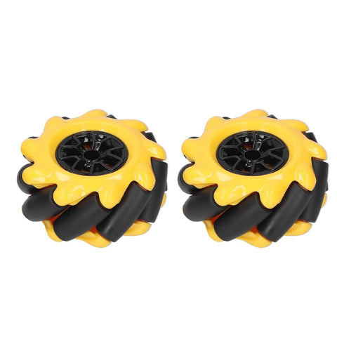 Yellow and black 60mm Mecanum robot wheels for omni-directional movement in DIY smart robot cars, enabling smooth translation and drifting.