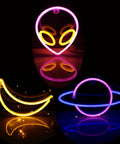 Three Piece Neon Cloud Lightning Planet Signs Kit For Bedroom Wall Decor, LED Neon Lights in moon, alien, and planet shapes