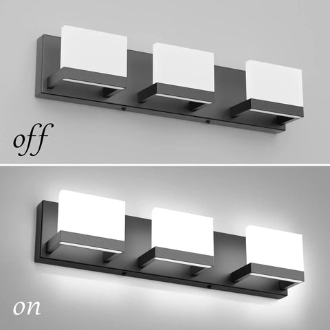 Three Light Black Dimmable LED Vanity Light For Bathroom Up And Down Wall Fixture Over Mirror With Frosted Acrylic Shade 6000K off and on