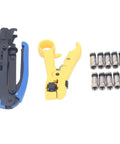 Pro Grade Coaxial Cable Crimp And Strip Kit With 10 RG6 F Connectors And Adjustable F Head For RG6 RG59 RG11 And 75 5 7 Metric And Imperial Heads Steel Blades Built Tough For Fast Easy Crimp And Clean Stripping, showing crimp tool, stripper, connectors.