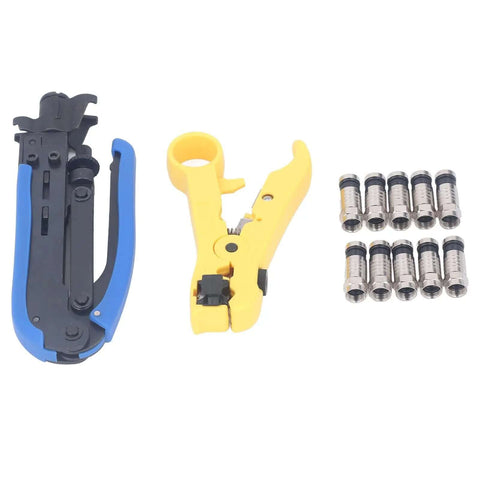 Pro Grade Coaxial Cable Crimp And Strip Kit With 10 RG6 F Connectors And Adjustable F Head For RG6 RG59 RG11 And 75 5 7 Metric And Imperial Heads Steel Blades Built Tough For Fast Easy Crimp And Clean Stripping, showing crimp tool, stripper, connectors.