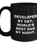The Legendary Developers Brewing Station Dope Black Coffee Mug With Killer Coding Typography, matte black ceramic mug displaying humorous text.