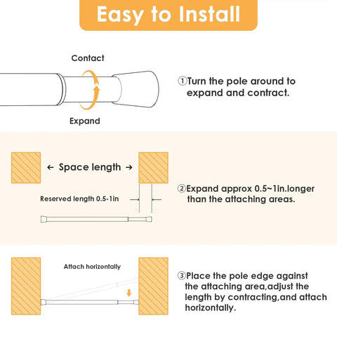 2 Pack Tension Curtain Rods 8 To 12 Inches No Drill DIY Friendly Mini Spring Curtain Rods installation guide diagram.