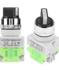 Hella Durable 3 Position Maintained Selector Switch For Industrial Builds Rock Solid Self Locking 2NO Plus 1NC Wiring Medium Low Voltage Electrical Rig Setup, front and back view.