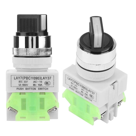 Hella Durable 3 Position Maintained Selector Switch For Industrial Builds Rock Solid Self Locking 2NO Plus 1NC Wiring Medium Low Voltage Electrical Rig Setup, front and back view.