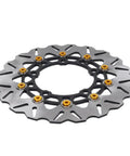 Drop In 300Mm Front Brake Disc Rotor With Stainless Steel Floating Design And Wavy Cooling Ribs For Rock Solid Stopping Power On 2017 To 2025 Dirt Bikes Featuring Cnc Aluminum Hub In Gold, viewed from the side.
