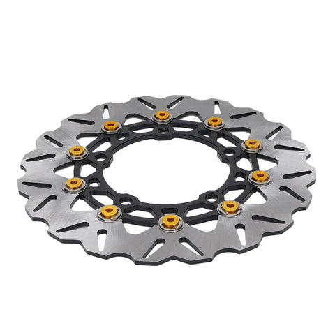 Drop In 300Mm Front Brake Disc Rotor With Stainless Steel Floating Design And Wavy Cooling Ribs For Rock Solid Stopping Power On 2017 To 2025 Dirt Bikes Featuring Cnc Aluminum Hub In Gold, viewed from the side.