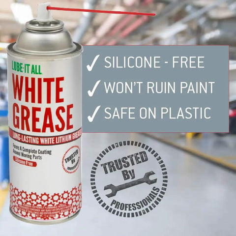 White Lithium Grease Aerosol 11 Oz drip-free can with silicone-free, paint-safe, plastic-safe features; trusted by professionals.