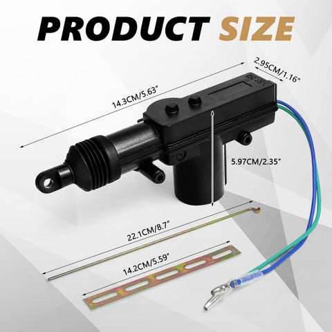 Two Wire 12V Power Door Lock Actuator Kit dimensions and components, Heavy Duty Universal Door Lock Actuators For Most Vehicles