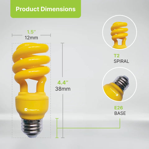 Yellow Bug Light Bulbs CFL 13W (60W Equivalent) T2 Spiral E26 Base with dimensions for Outdoor Use