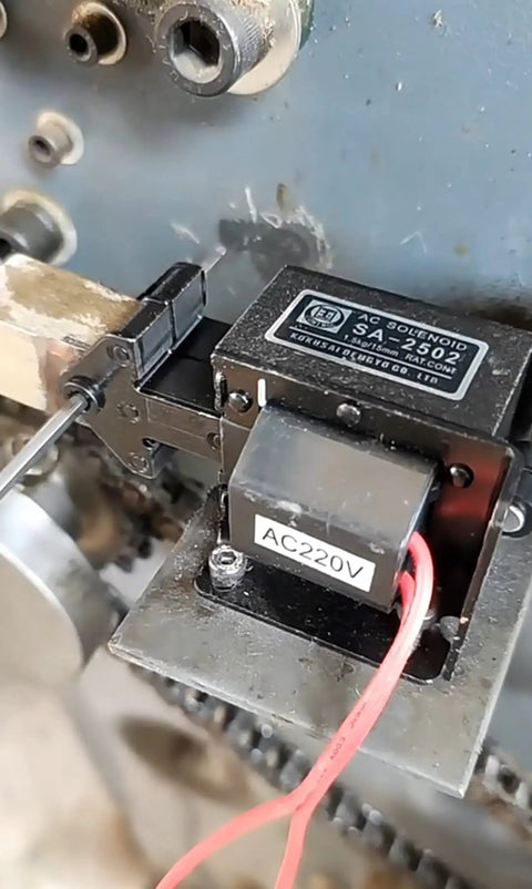 12V 60N Push Pull Solenoid Electromagnet With 10mm Stroke Open Frame Linear Actuator For Precise Mechanical Projects, Beefy 3A Current, Compact 37x41x51mm Frame, JF-1250B-12V mounted on a machine with wiring