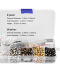 All In One Grommets And Eyelets Kit For Leather Craft And Sewing 420 Pcs 3mm Grommets With One Eighth Inch Size Includes Three Hand Tools Washer Set Eyelet Setter Perfect For Shoes Bags Clothing And DIY Projects in a plastic organizer box showing assorted grommets and washers in silver, gold, and black.