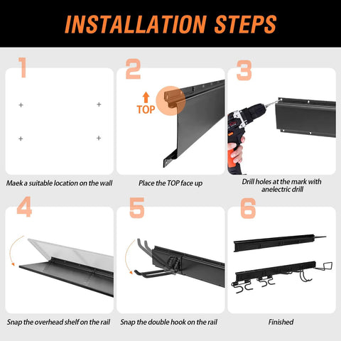 Installation steps for Heavy Duty Steel Garage Tool Wall Rack With Shelves And 6 Hooks, Wall Mount Organizer